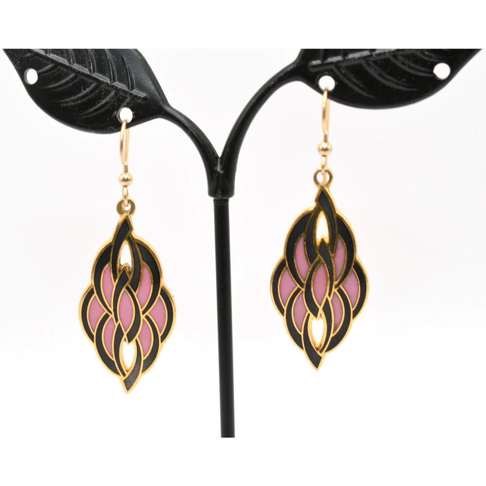 Vintage Isle of Skye Cloisonne Drop Earrings Pink Purple Gold 1980s